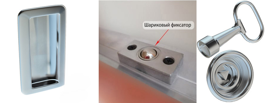 Утопленная ручка + шариковые защелки + замок-трехгранник